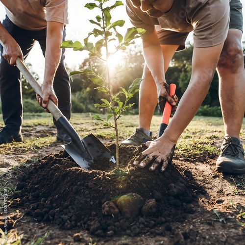 People Planting a Tree in a Sunny Outdoor Environment