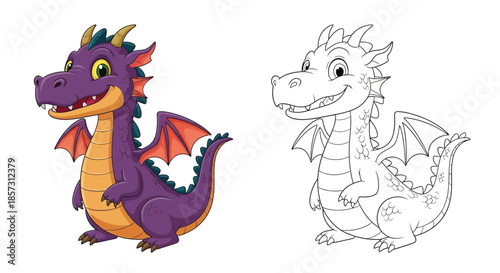 Majestic Dragon: Two playful renderings of a vibrant dragon, one colored and the other in outline, ready to ignite imaginations.