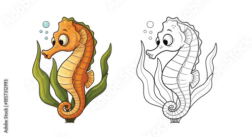 Playful Seahorse in Oceanic Serenity: A whimsical seahorse, a creature of the ocean, poses beside the marine plants. a charming, cartoonish illustration.