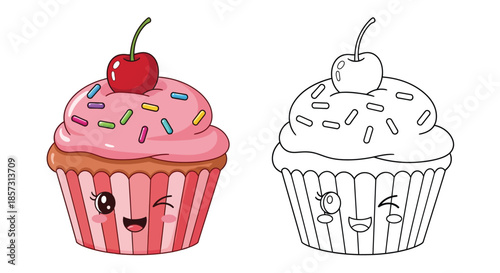 Sweet Treats: A cute and delicious cupcake with pink frosting, colorful sprinkles, and a cherry on top. This delightful treat is perfect for coloring.