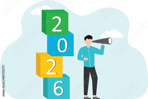 Leadership in setting plan or course for business development in 2026, motivation in achieving goals, determination for great success or heights, man looking through binoculars near cubes from 2026.
