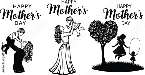 Happy Mother's Day vector set featuring silhouettes of mothers lifting children and playing outdoors with heart-shaped tree illustration.