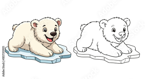 Playful Polar Bear on Ice: A charming cartoon of a polar bear cub lying on an ice floe. Capturing the innocence of this adorable arctic mammal with two different version.