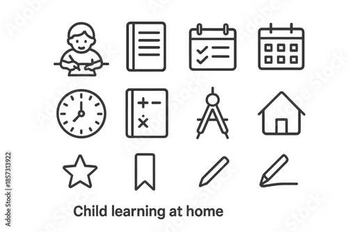 Child Learning Icons. Child learning at home. Line outline icon set of Child learning at home: child doing