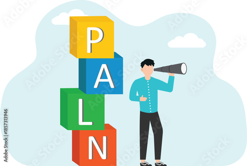 Leadership in setting plan or course for business development, motivation in achieving goals, determination for great success or heights in work, man looking through binoculars next to cubes with plan