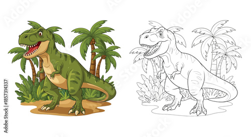 Dinosaur T-Rex: Cartoon Illustration of a T-Rex dinosaur roaring aggressively against a background of prehistoric flora. Featuring vibrant colors and line art versions to show a T-Rex. 