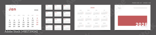 2026 Calendar Planner Set of Template grid Monthly Page, Cover with Place for Photo, Company Logo, Annual. Vector layout of wall or desk minimal calendar with week start Monday ready print. Pages A4