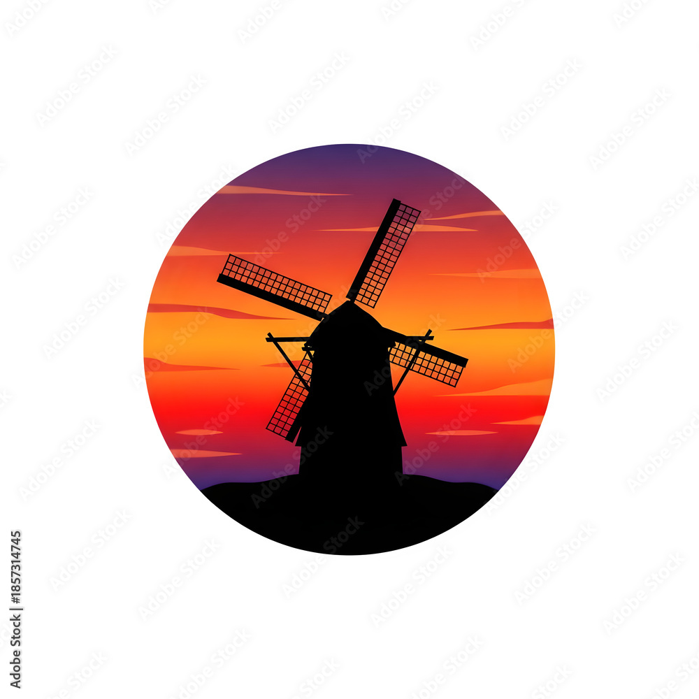Fototapeta premium Pixel Art Windmill Silhouette at Sunset - Retro 8-bit Farm Landscape Dusk Scene Illustration Transparent Background