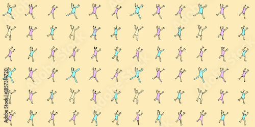 A repeating pattern of small cartoon like figures in various poses