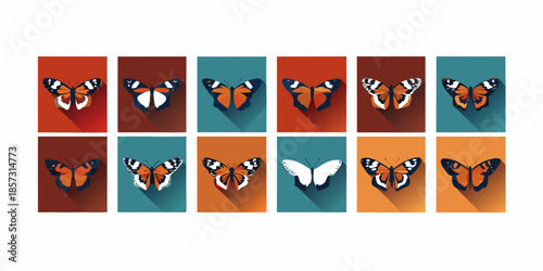 A colorful arrangement of butterflies depicted on square patterned backgrounds