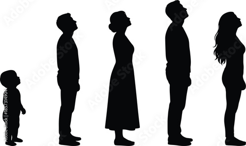 Silhouettes of People and Toddler Looking Up, Side View of Men, Women and Child Isolated on White Background for Vision