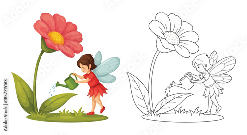 Fairy's Nurturing Touch: A charming cartoon shows a sweet fairy tending to a towering flower, carefully watering it with a watering can in a serene outdoor setting.