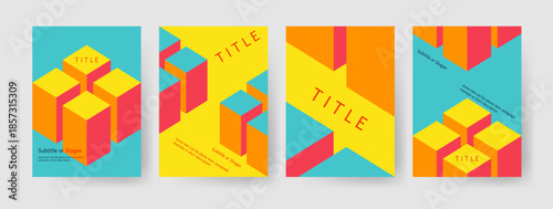 Bright 3D isometric cubes on colorful posters. Minimalist architectural blocks, geometric abstract shapes for book covers. Bauhaus style corporate identity, creative flyer layout or banner set. 