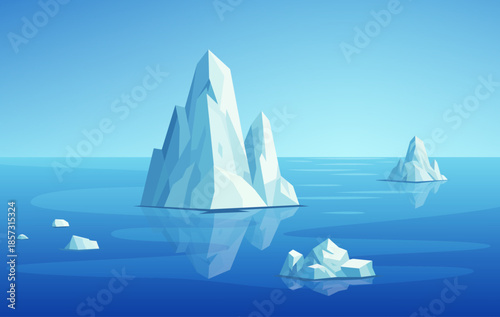 Majestic icebergs floating in blue arctic ocean water. Cold polar landscape with frozen glacier peaks and reflections. Environmental climate change concept, north pole nature background.