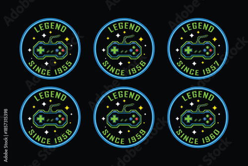 Vintage gaming badges with controller icons and legend text