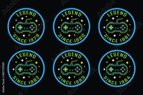 Retro gaming badges with controller designs and legend text