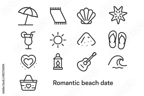 Romantic Beach Icons. Romantic beach date. Line outline icon set of Romantic beach date: umbrella, beach