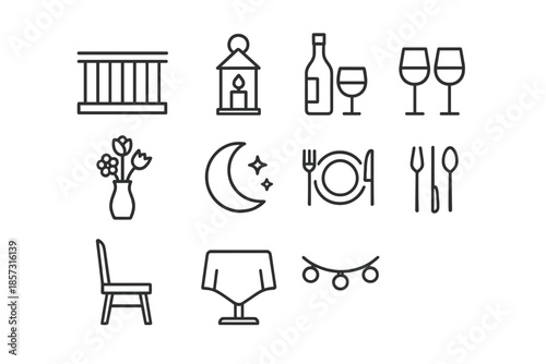 Rooftop Dinner Icons. Romantic rooftop dinner. Line outline icon set of Romantic rooftop dinner: rooftop