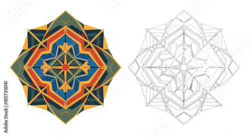 Geometric Design:  Intricate geometric shapes are presented, with a detailed symmetrical pattern. One display of the design is in full color, the other is a wireframe representation.