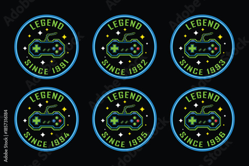 Retro gaming badges with legend since 1991 to 1996
