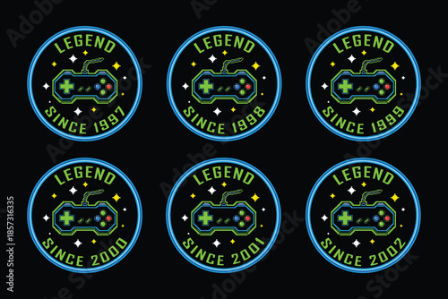 Retro gaming badges with legend since 1997 to 2002