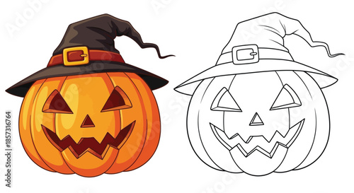 Jack-o'-Lantern Celebration: A vibrant pumpkin, adorned with a whimsical witch's hat, sits grinning and joyful. Perfect for Halloween themes.