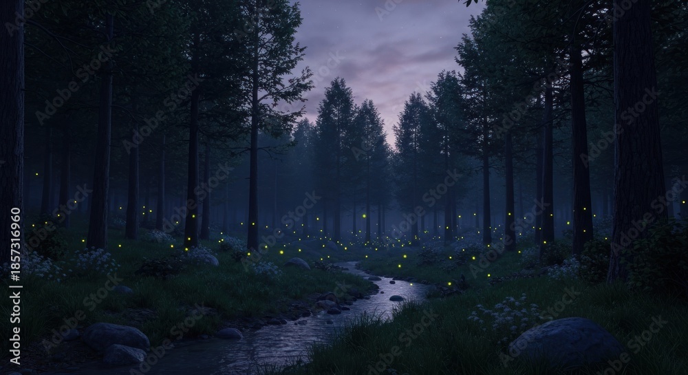 Fototapeta premium Forest scene with a stream, trees, fireflies illuminating dusk