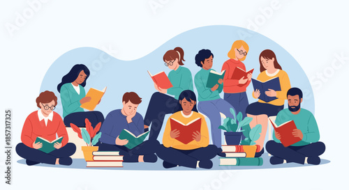 Diverse group enjoying books together in a relaxed setting for book clubs, libraries, schools, or educational promotions, fostering a love of reading