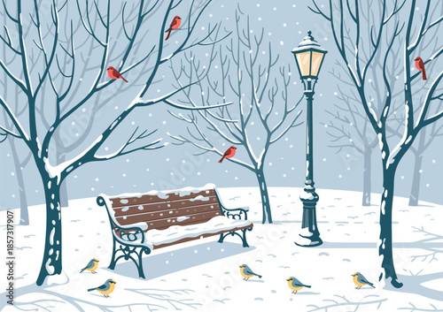 Winter Park with Snowy Bench and Birds – Peaceful Cold Season Landscape with Bare Trees, Falling Snow, and Street Lamp