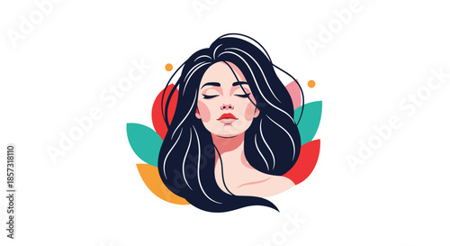 Elegant woman with flowing hair in peaceful meditation surrounded by vibrant abstract shapes for wellness and beauty campaigns
