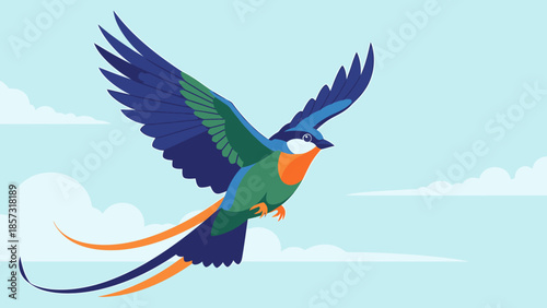 Vibrant Exotic Bird with Long Flowing Tail Feathers Soars Through a Cloudy Sky