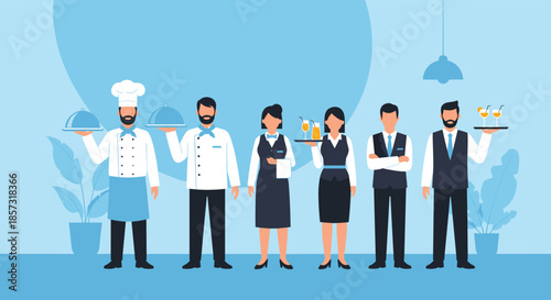Dynamic restaurant staff ready to serve delicious meals and refreshing drinks with professional service in a modern setting, perfect for branding and advertising