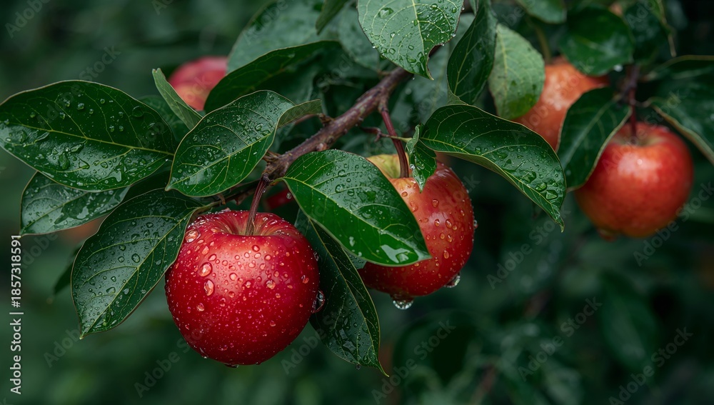 Obraz premium Orb Orchard. A Study in Scarlet and Verdant Hues, Drops of Translucence.