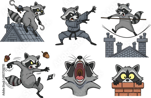 Funny cartoon ninja raccoons, rooftop action, martial arts poses, sneaky raccoon characters, ninja animals, comic fight scenes, vector illustration, stealth
