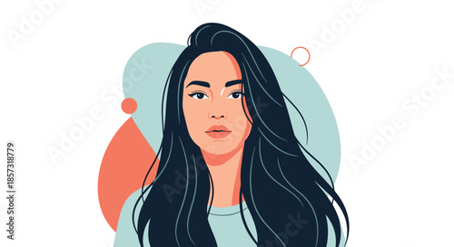 Stylish modern portrait of a beautiful young woman with long, dark, flowing hair and a gentle gaze on an abstract background.