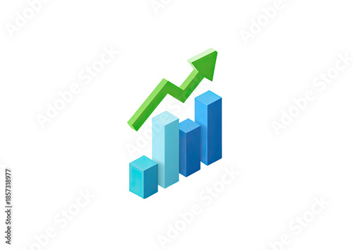 Upward trend graphic. Blue bars, green arrow. Isolated