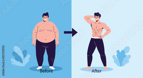 Weight loss transformation concept showing a man's journey from being overweight to achieving a fit and muscular physique.