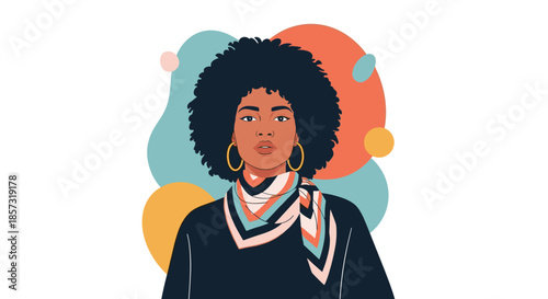 Stylish portrait of a confident and beautiful Black woman with a natural afro hairstyle, gold earrings, and a colorful scarf.