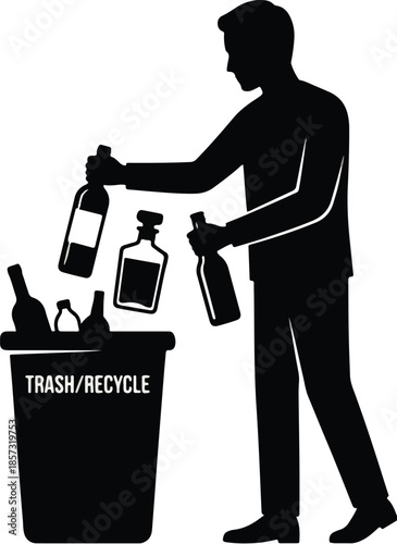 Man Disposing Glass Bottles in Recycle Bin Silhouette