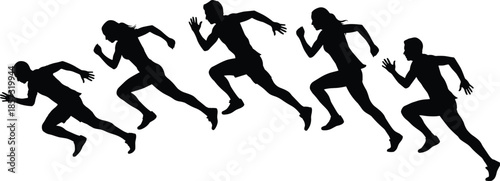 Athletes silhouettes sprinting forward in motion sequence, speed endurance and competitive running concept, dynamic sports energy, black shadow figures