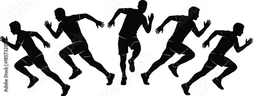 Male athlete silhouettes running in sequence, sprint training and speed endurance concept, dynamic motion and competitive sports energy, black shadow figures