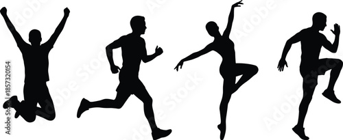 People silhouettes performing athletic and dance movements, jumping running and balance poses, fitness creativity and active lifestyle concept, black shadow figures