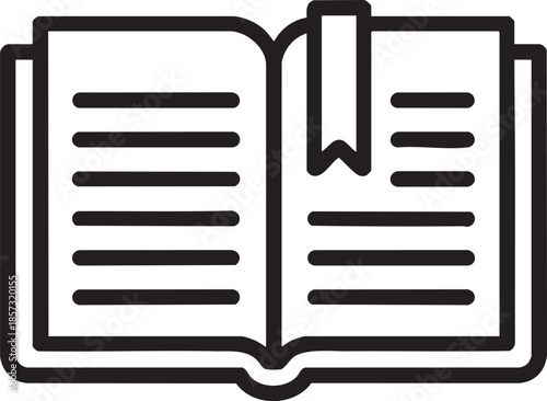 A simple black and white line drawing depicts an open book with pages and a bookmark in place