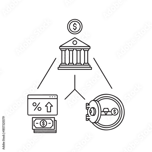 Deposit vector icon. Banking concept with financial building, open safe with gold, and online interest growth line art illustration.

