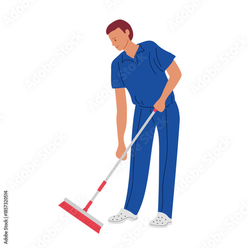 Person in blue uniform using broom to sweep floor, typical for cleaner or janitor. Young man with mop. Profession cleaner