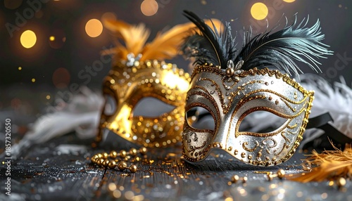 Elegant Venetian masquerade masks with feathers and beads for a festive celebration