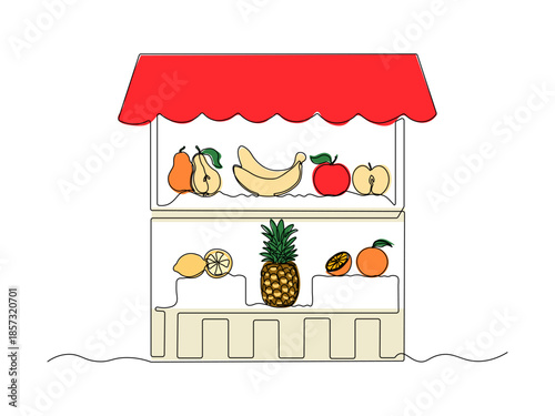 Abstract market shelf, counter with fruits, pear,banana,apple,lemon,pineapple,orange, continuous single one line art hand drawing sketch logo on white background