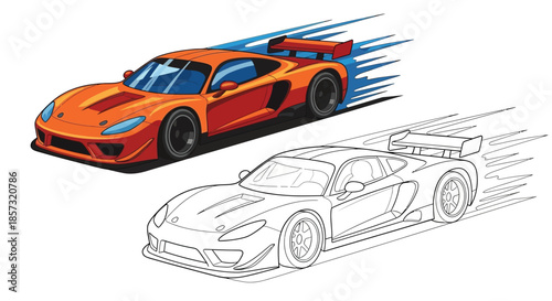 Race Car Illustration: A dynamic illustration showcases a vibrant orange race car in motion, capturing the speed and thrill of motorsports.