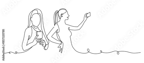 continuous single line drawing of young woman taking a selfie with her smartphone, line art vector illustration