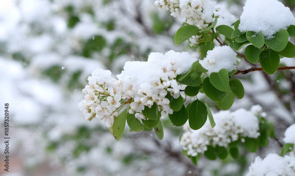 Fototapeta premium Green leaves and white flowers, snow-covered branches, many flowers. Green leaves